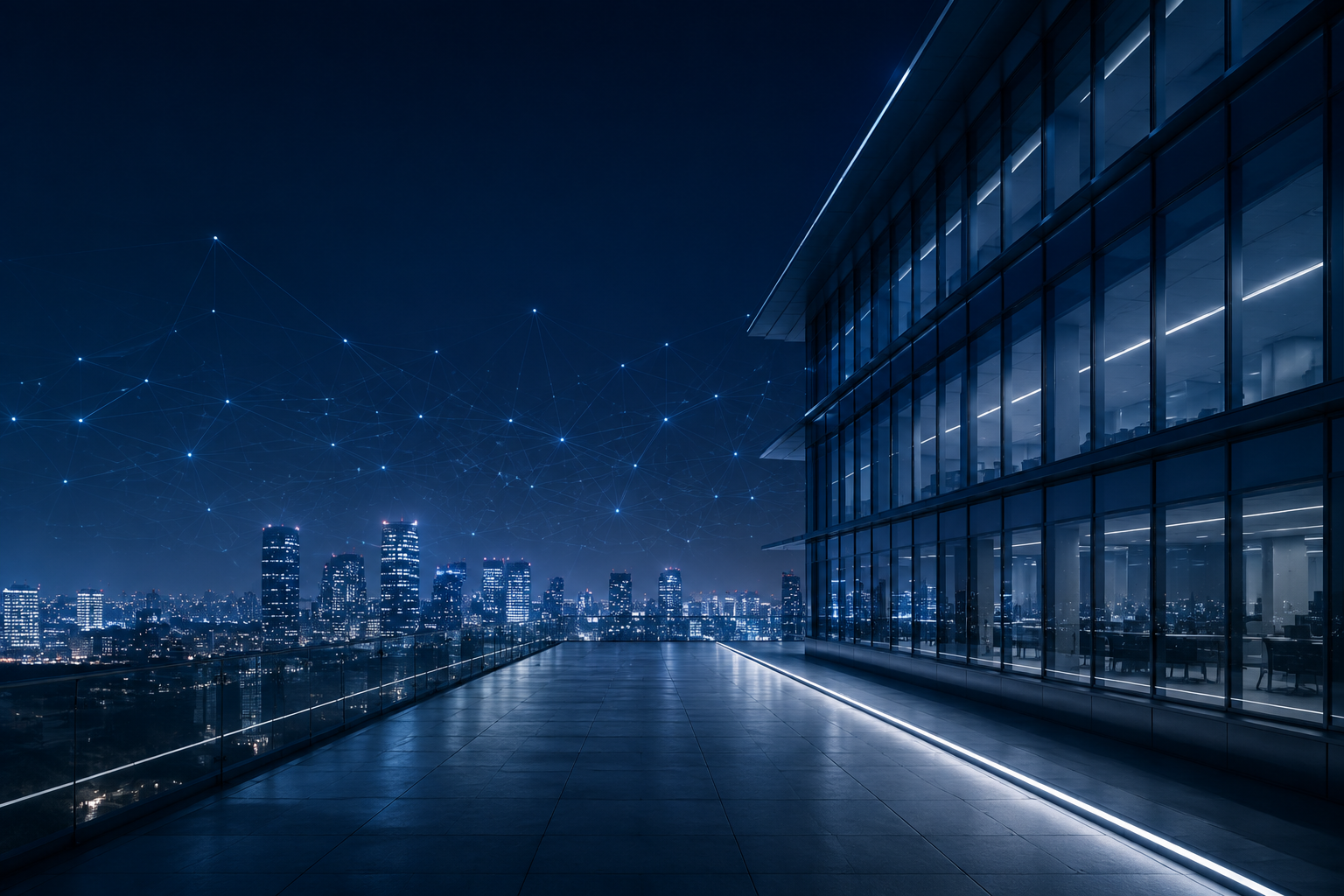 Digitale, vernetzte Unternehmenswelt bei Nacht